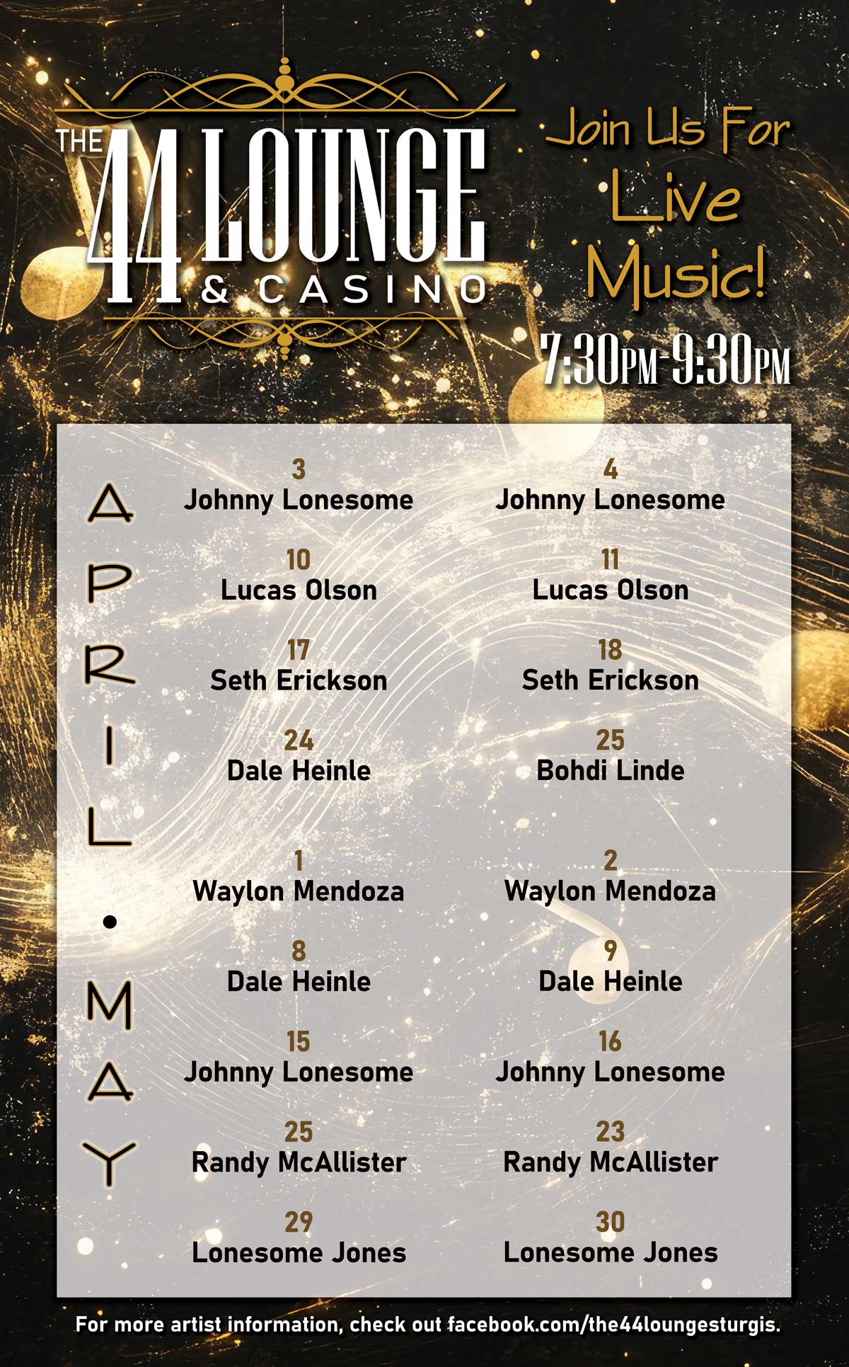 Upcoming Live Music Events at the 44 Lounge in April and May