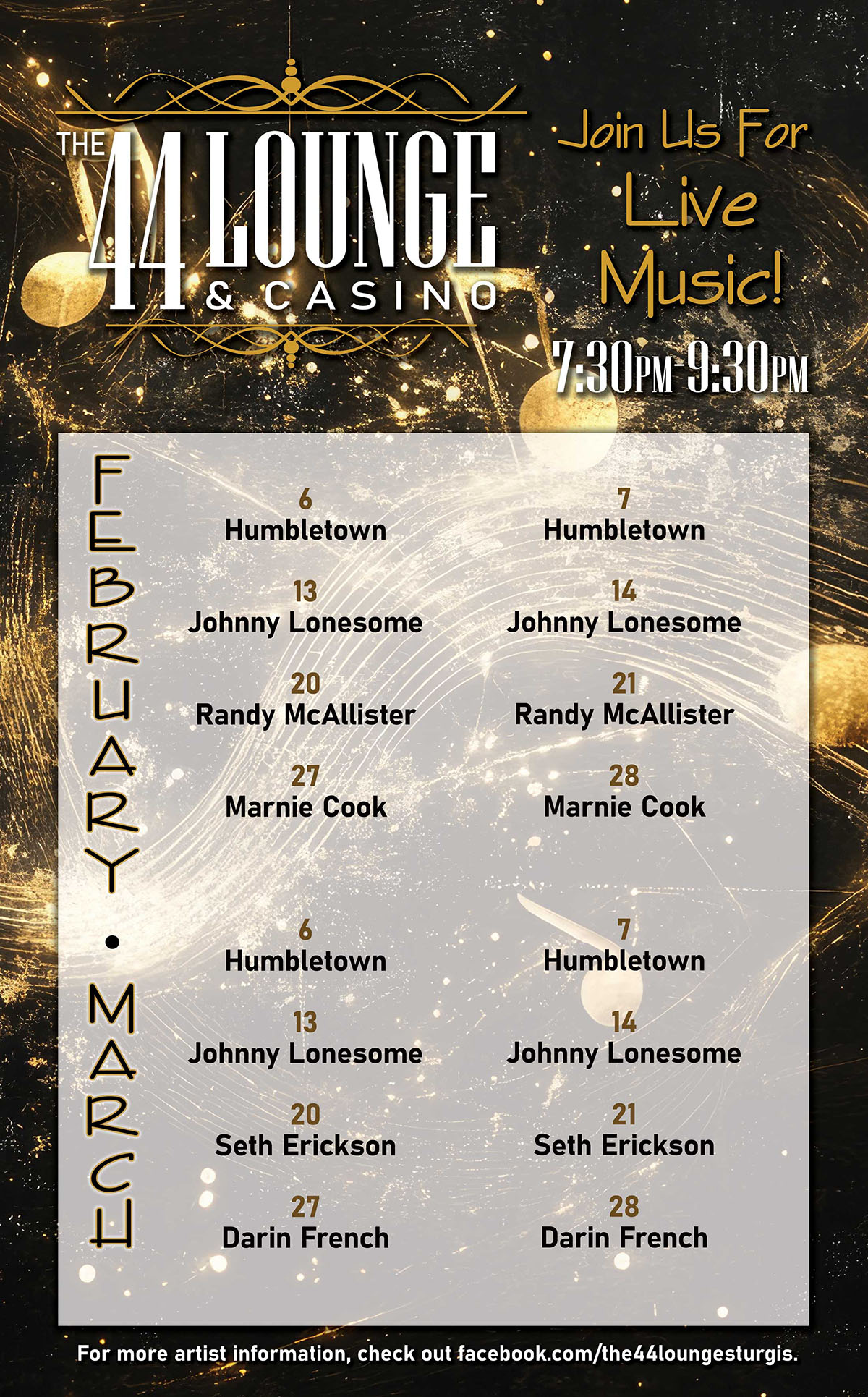 Upcoming Events at the 44 Lounge - February and March